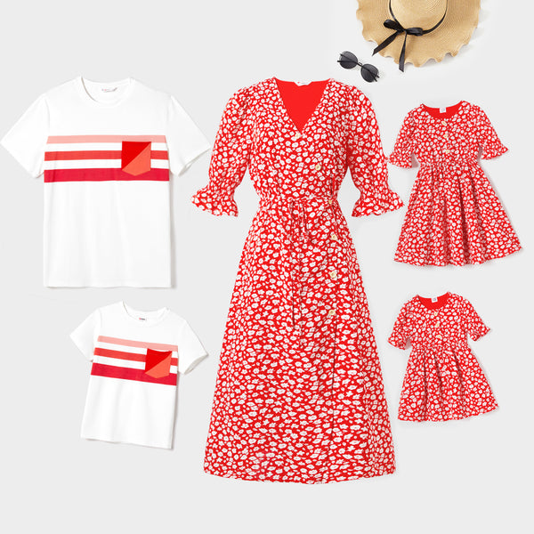 Valentine's Day Family matching Stripe T-shirt and Ditsy Floral Puff Sleeve Button Front Wrap Dress Sets