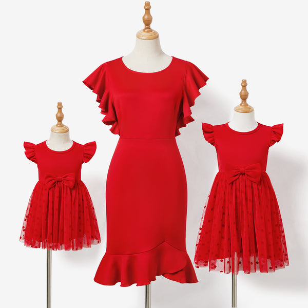 Valentine's Day Mommy and Me Red Flutter Sleeve Body-con Ruffle Hem Mesh Dresses