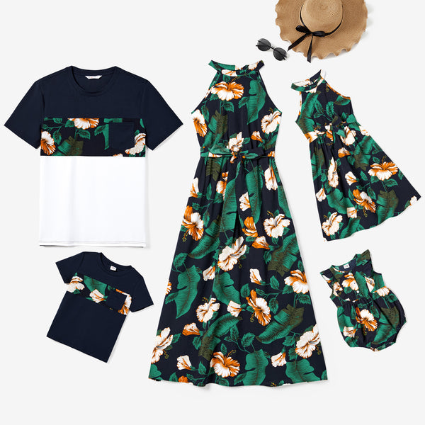 Family Matching Colorblock Chest Pocket T-shirt and Floral High Neck Halter Sleeveless Belted Dress Sets