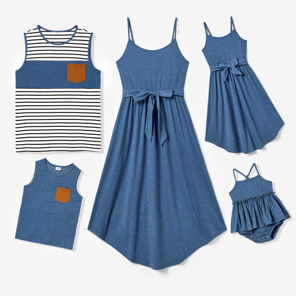 Family Matching Stripe Sleeveless T-shirt and Cami A-line Belted Dress