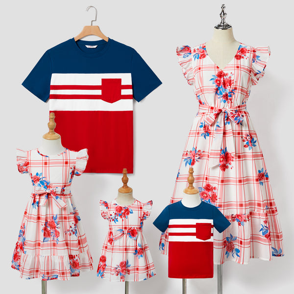 Family Matching Colorblock Stripe T-shirt and Plaid Floral Wrap Front Flutter Sleeve Dress Sets