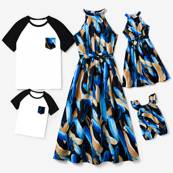 Family Matching Black Raglan-sleeve T-shirt and Printed High Neck Halter Sleeveless Dress Set