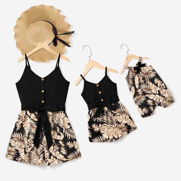 Mommy and Me Camisole Leaf Print Belted One-piece Romper