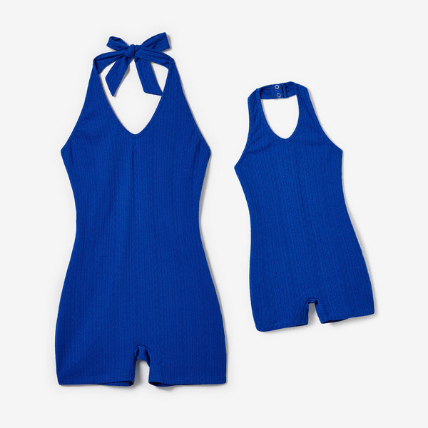 Mommy and Me Dark Blue Twisted Knit Tie Halter Romper