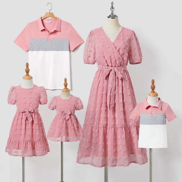 Family Matching Colorblock Shirt and Pink Swiss Dot Wrap Front Ruffled Hem Belted Dress Sets