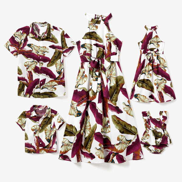 Family Matching Allover Leaf Print High Neck Halter Dress and Beach Shirt Sets