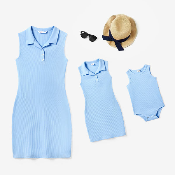 Mommy and Me Light Blue Knitted Ribbed Cotton Quarter-Button Sleeveless Bodycon Dresses