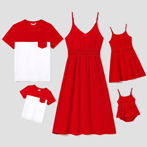 Family Matching Colorblock T-shirt and Red Cotton Lace Trim Strap Dress Sets