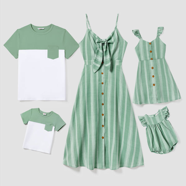 Family Matching Colorblock T-shirt and Tie Front V-Neck Stripe Button-Front Spaghetti Strap Dress