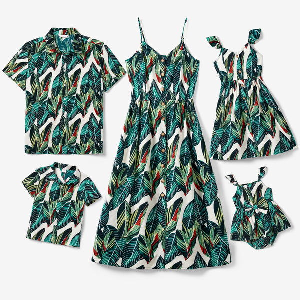 Family Matching Allover Leaf Print Shirt and Button-Front Strap Dress Sets