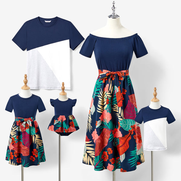 Family Matching Colorblock T-shirt and Floral Off-Shoulder Dress Sets