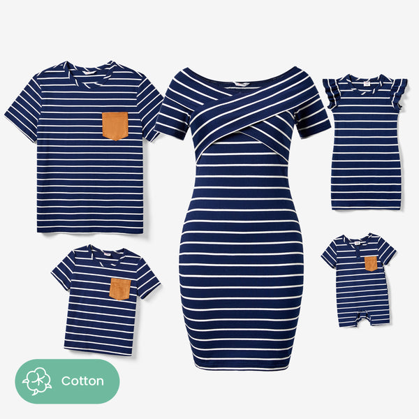 Family Matching Stripe T-shirt and Stripe Cotton Crisscross Bodycon Knitted Off-Shoulder Dress Sets