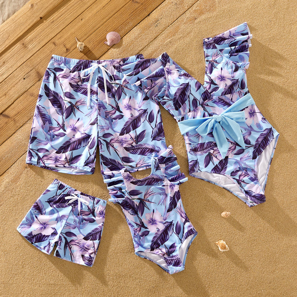 Family Matching Blue and Purple Floral Ruffle Swimwear