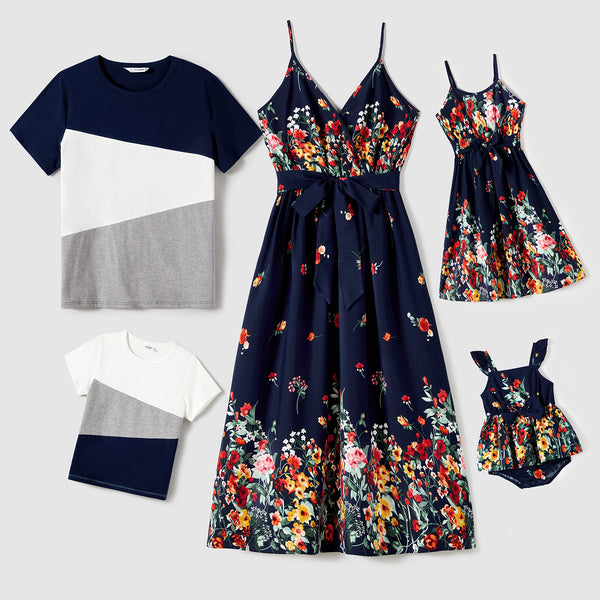 Family Matching Colorblock T-shirt and Floral V-neck Belted Slip Dress Set