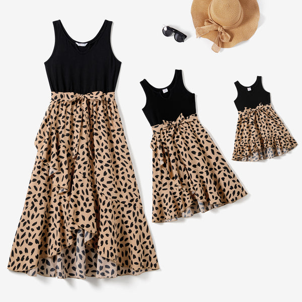 Mommy and Me Black Tank Top Splicing Leopard Print Frill Wrap Dresses