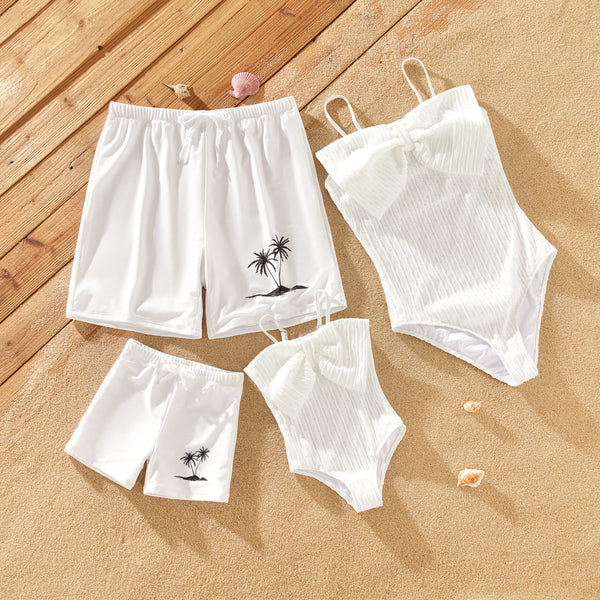 Family Matching White Bow Accent Strap Swimsuit
