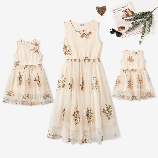 Mommy and Me Splicing Floral Embroidered Mesh Sleeveless Dress