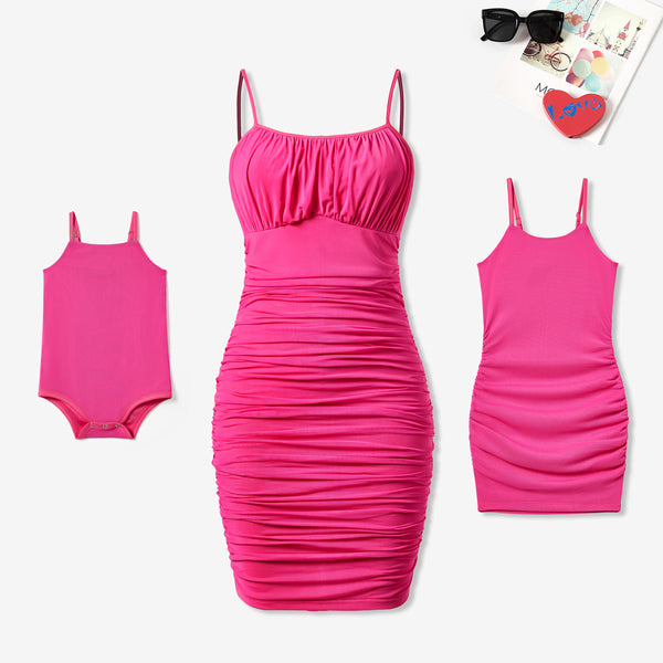 Mommy and Me Rose Pink Ruched Bodycon Strap Dresses