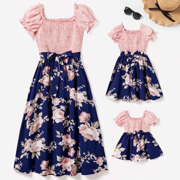 Mommy and Me Shirred Bodice Puff  Sleeve Floral Dresses