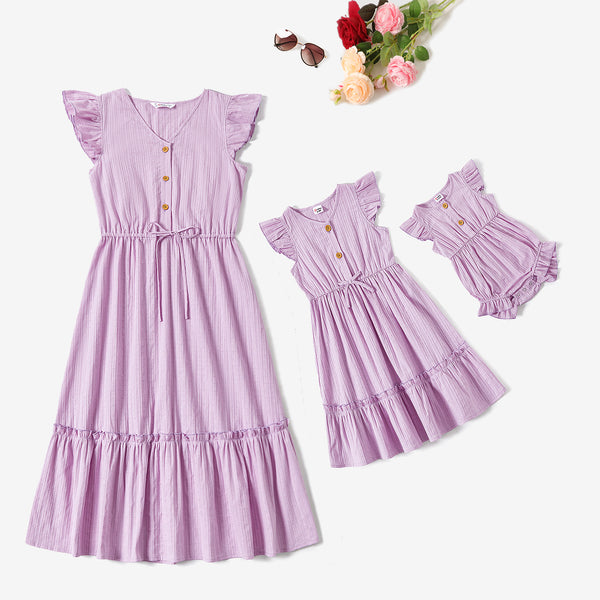 Mommy and Me Solid Color Purple Button Cotton V-neck Tiered Dress