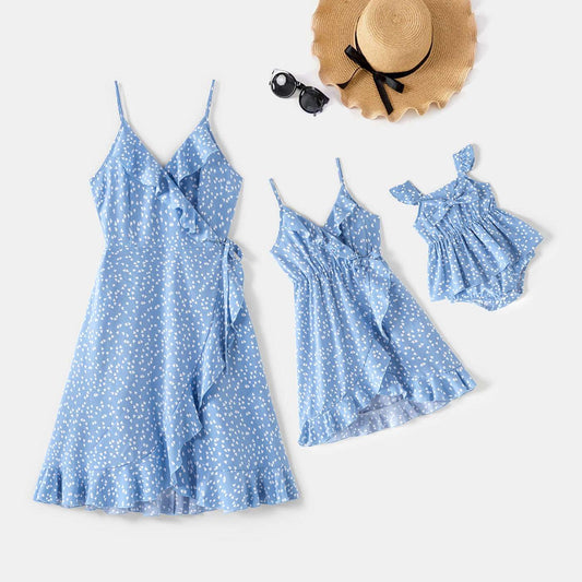 All Over Dots Print Blue Sleeveless Spaghetti Strap V Neck Ruffle Wrap Dress for Mom and Me - 20391516