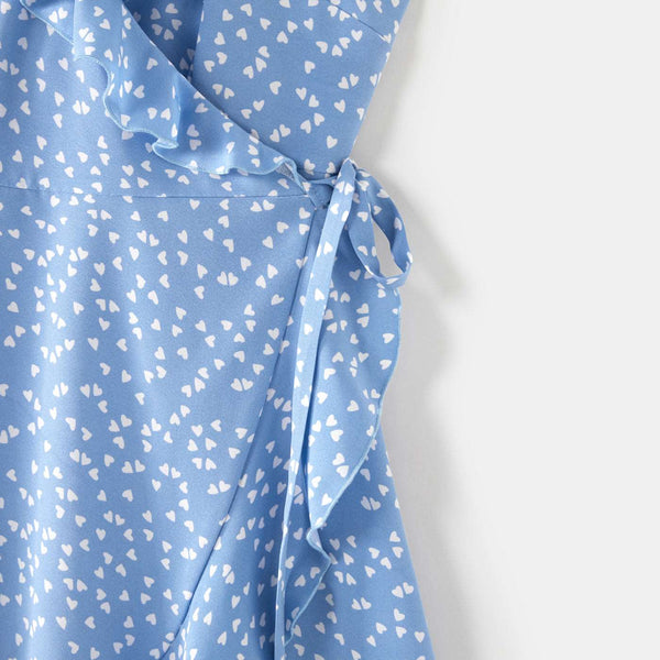 All Over Dots Print Blue Sleeveless Spaghetti Strap V Neck Ruffle Wrap Dress for Mom and Me - 20391516
