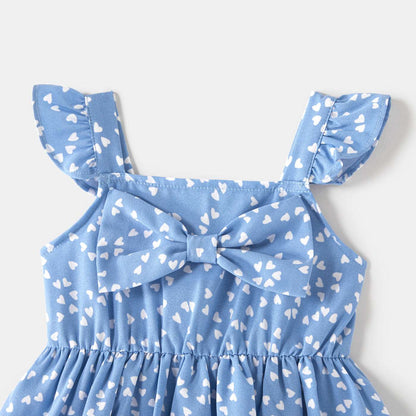 All Over Dots Print Blue Sleeveless Spaghetti Strap V Neck Ruffle Wrap Dress for Mom and Me - 20391516