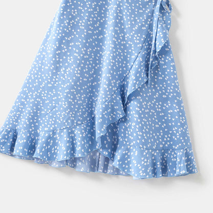 All Over Dots Print Blue Sleeveless Spaghetti Strap V Neck Ruffle Wrap Dress for Mom and Me - 20391516