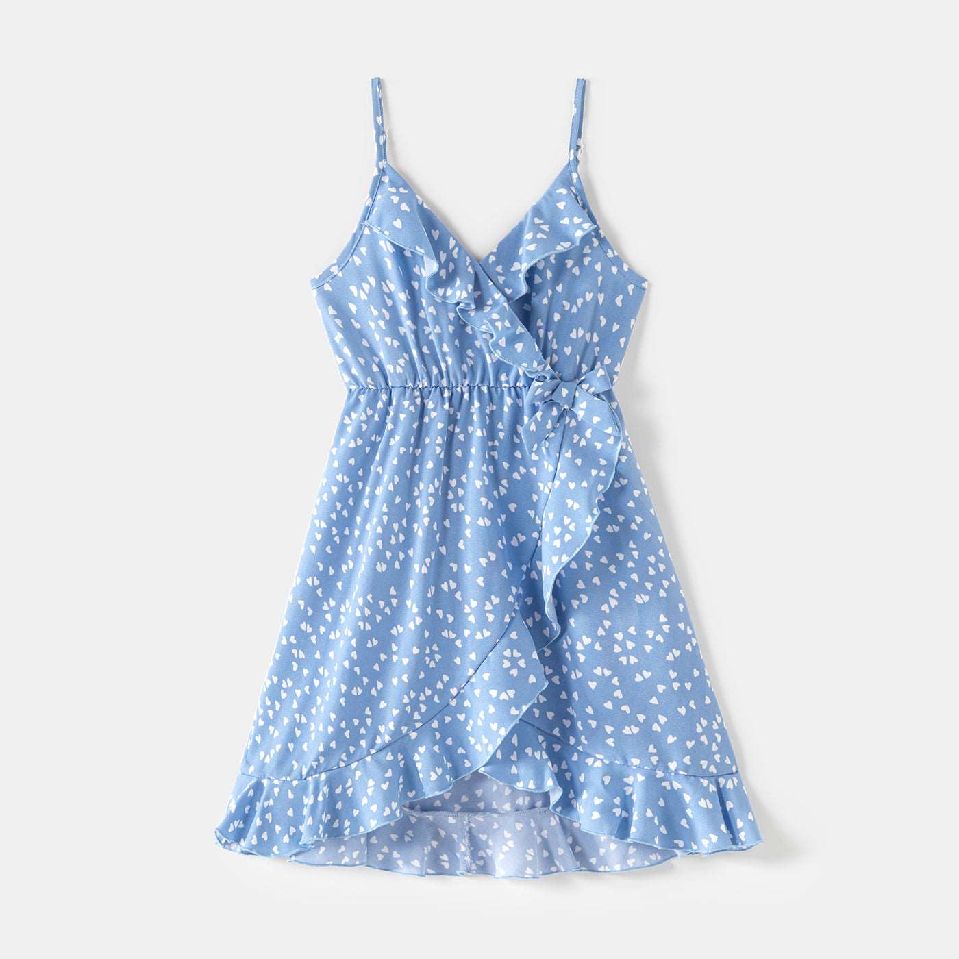 All Over Dots Print Blue Sleeveless Spaghetti Strap V Neck Ruffle Wrap Dress for Mom and Me - 20391516