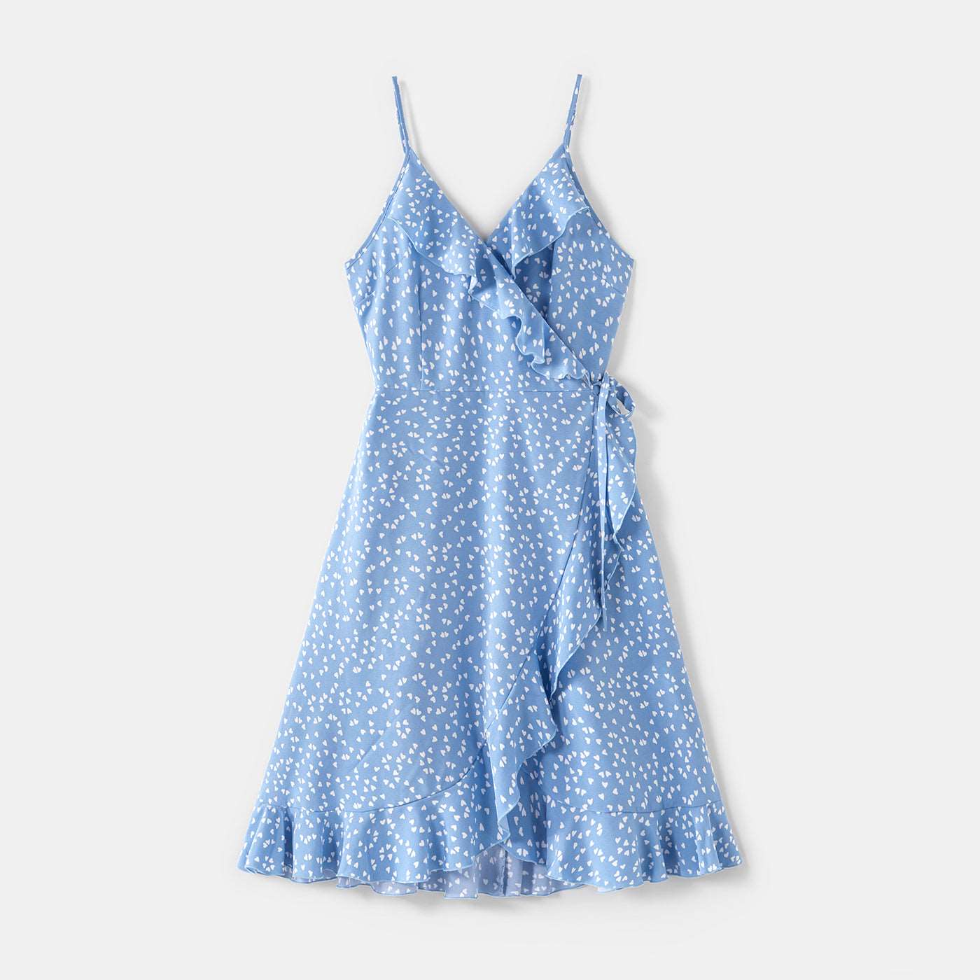 All Over Dots Print Blue Sleeveless Spaghetti Strap V Neck Ruffle Wrap Dress for Mom and Me - 20391516