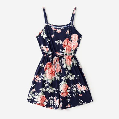 All Over Floral Print Blue Spaghetti Strap Romper Shorts for Mom and Me - 20346326
