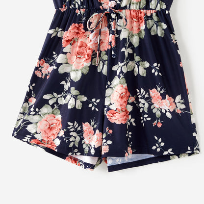 All Over Floral Print Blue Spaghetti Strap Romper Shorts for Mom and Me - 20346326