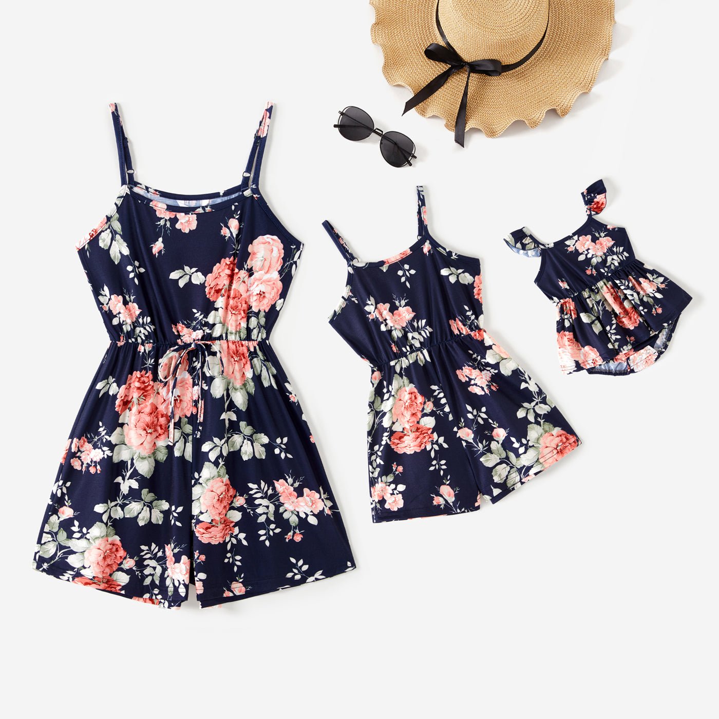 All Over Floral Print Blue Spaghetti Strap Romper Shorts for Mom and Me - 20346326