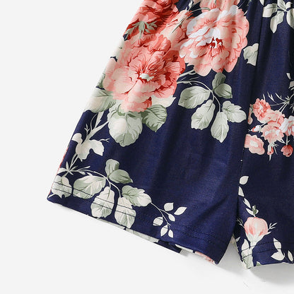 All Over Floral Print Blue Spaghetti Strap Romper Shorts for Mom and Me - 20346326