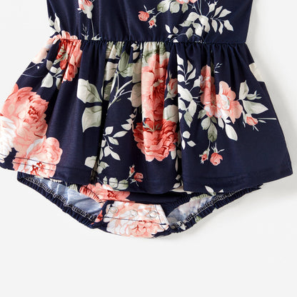 All Over Floral Print Blue Spaghetti Strap Romper Shorts for Mom and Me - 20346326