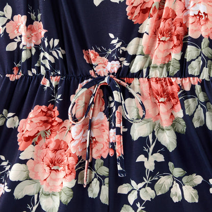 All Over Floral Print Blue Spaghetti Strap Romper Shorts for Mom and Me - 20346326