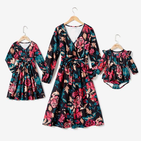 All Over Floral Print Cross Wrap V Neck Belted Long-sleeve Dress for Mom and Me - 20718369