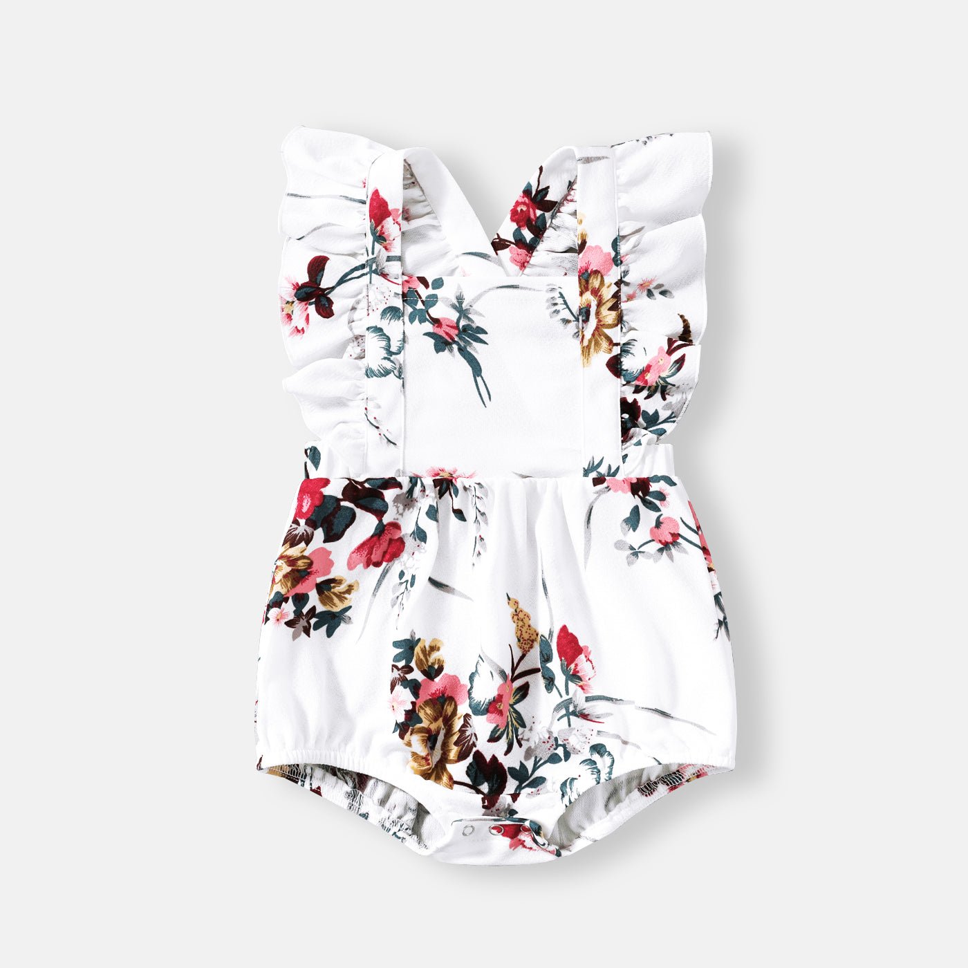 All Over Floral Print White Halter Neck Off Shoulder Belted Romper Shorts for Mom and Me - 20335803