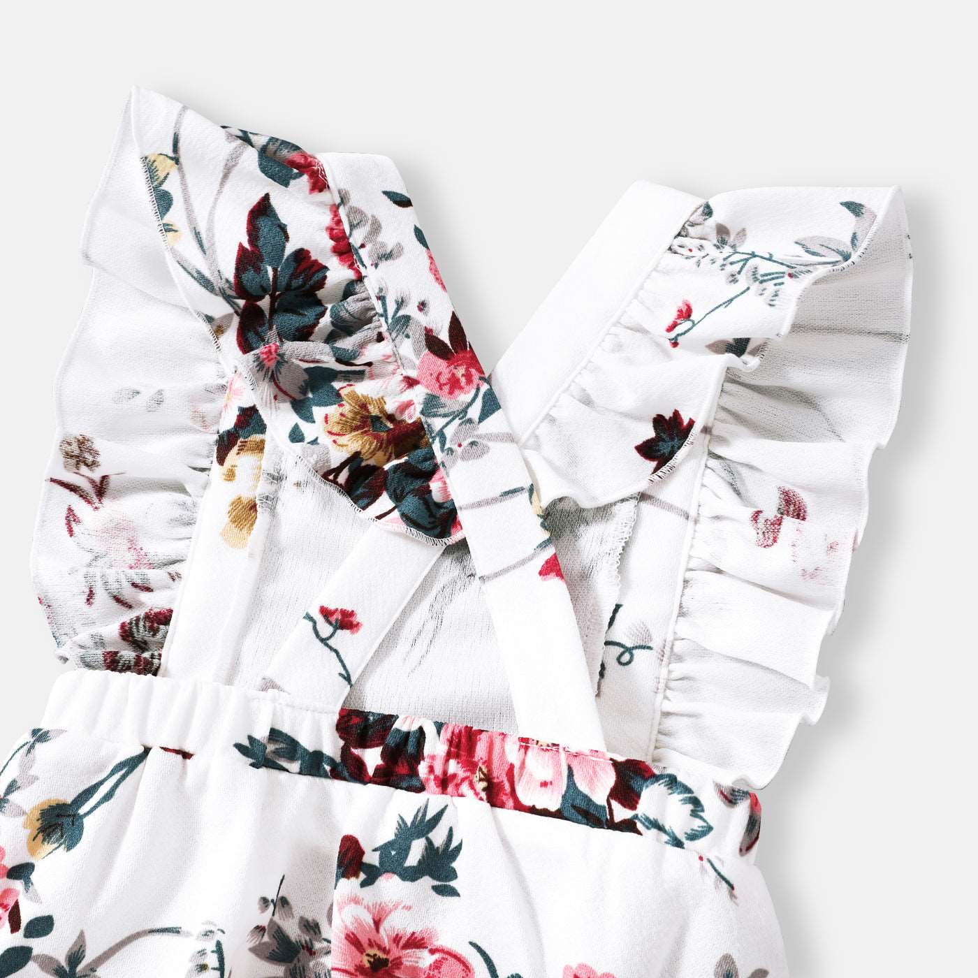 All Over Floral Print White Halter Neck Off Shoulder Belted Romper Shorts for Mom and Me - 20335803