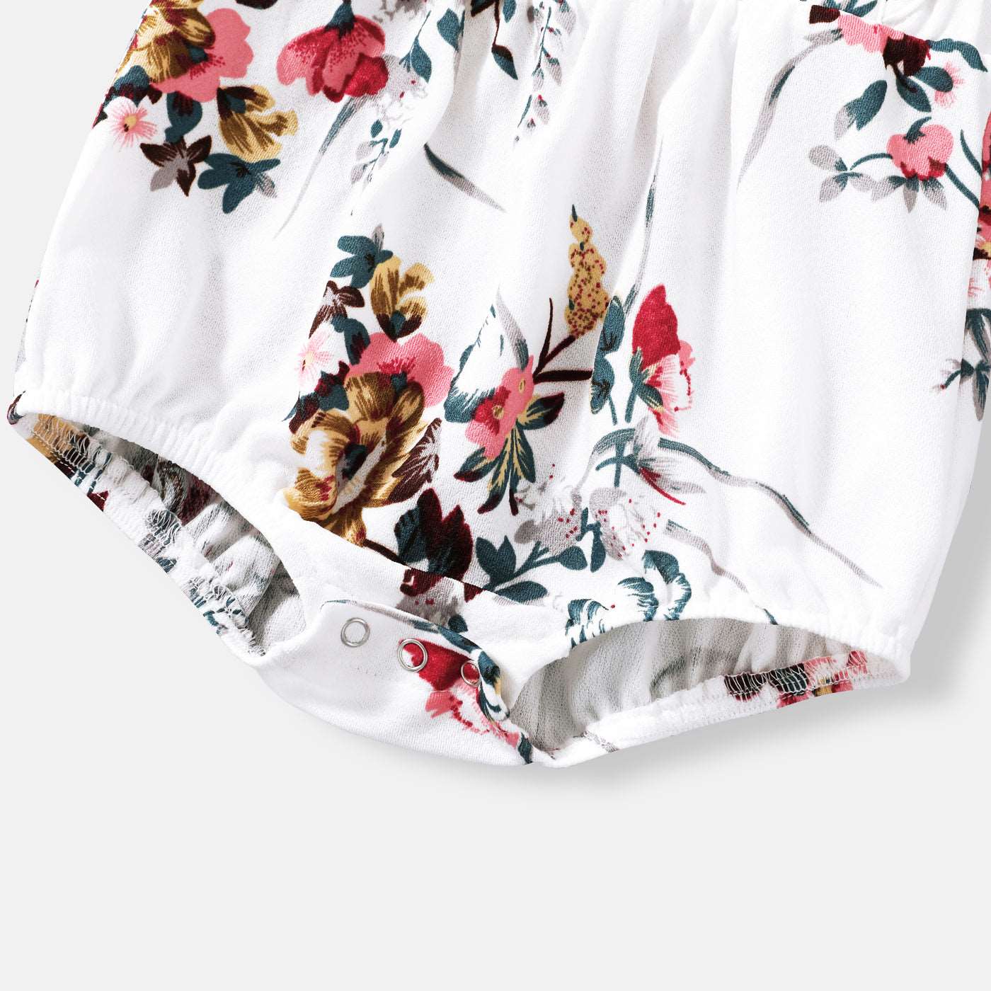 All Over Floral Print White Halter Neck Off Shoulder Belted Romper Shorts for Mom and Me - 20335803