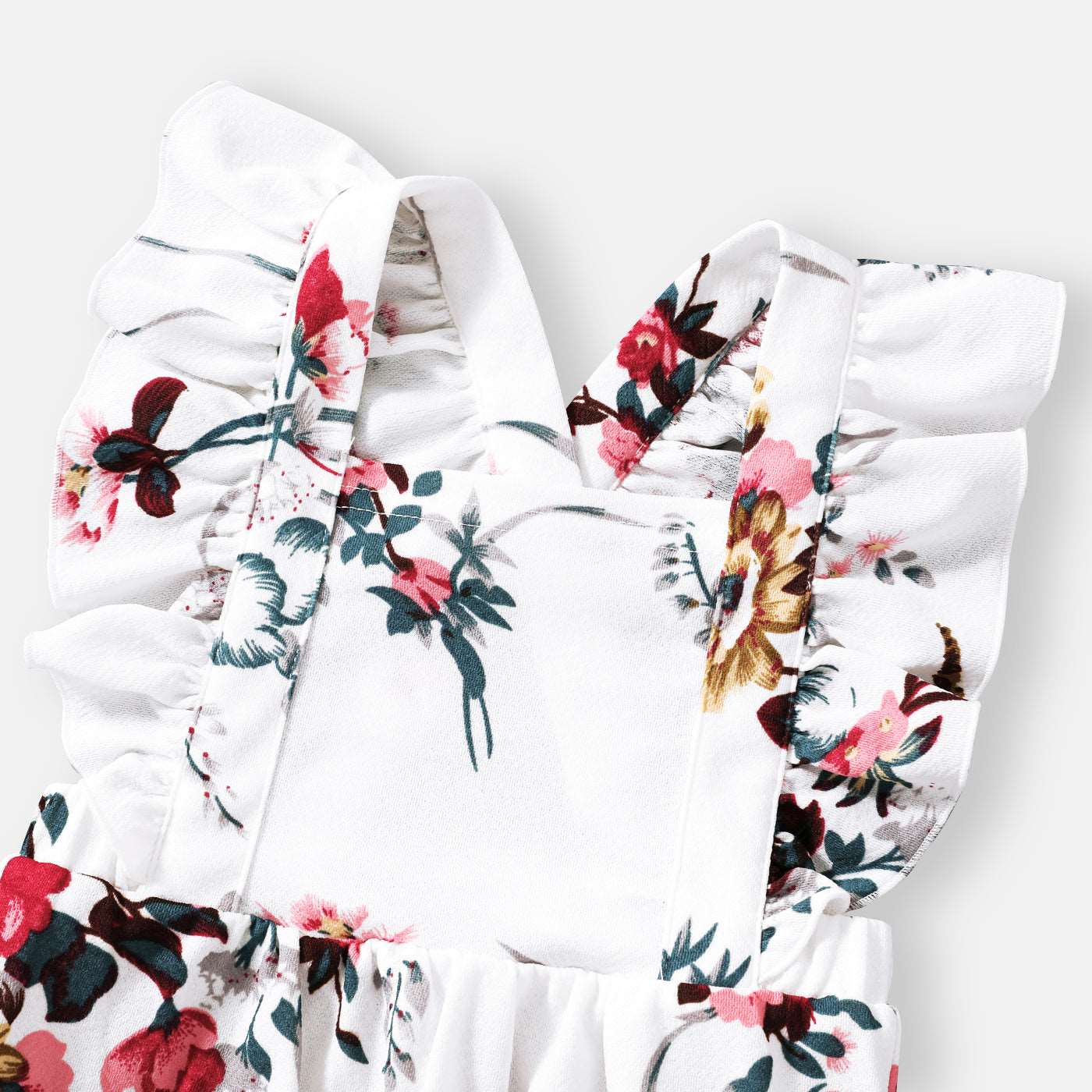 All Over Floral Print White Halter Neck Off Shoulder Belted Romper Shorts for Mom and Me - 20335803