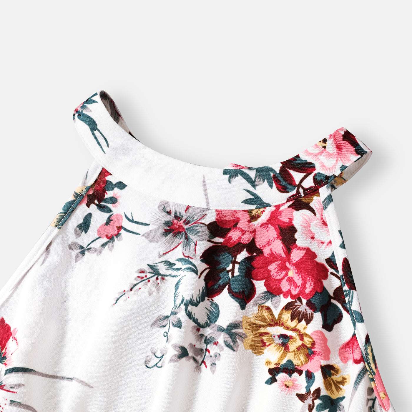 All Over Floral Print White Halter Neck Off Shoulder Belted Romper Shorts for Mom and Me - 20335803