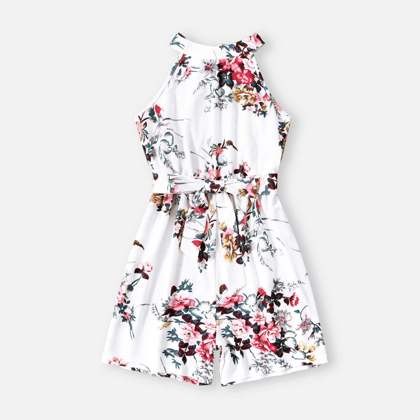 All Over Floral Print White Halter Neck Off Shoulder Belted Romper Shorts for Mom and Me - 20335803