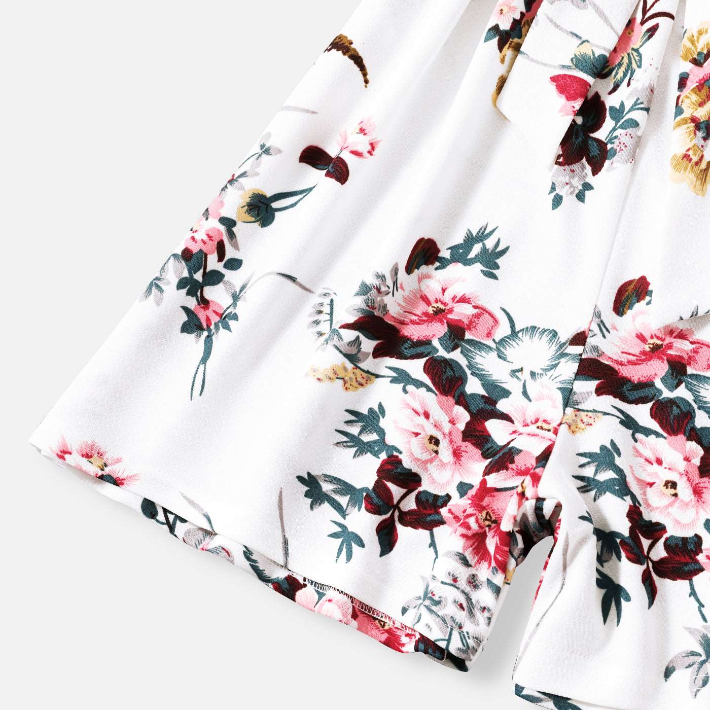All Over Floral Print White Halter Neck Off Shoulder Belted Romper Shorts for Mom and Me - 20335803