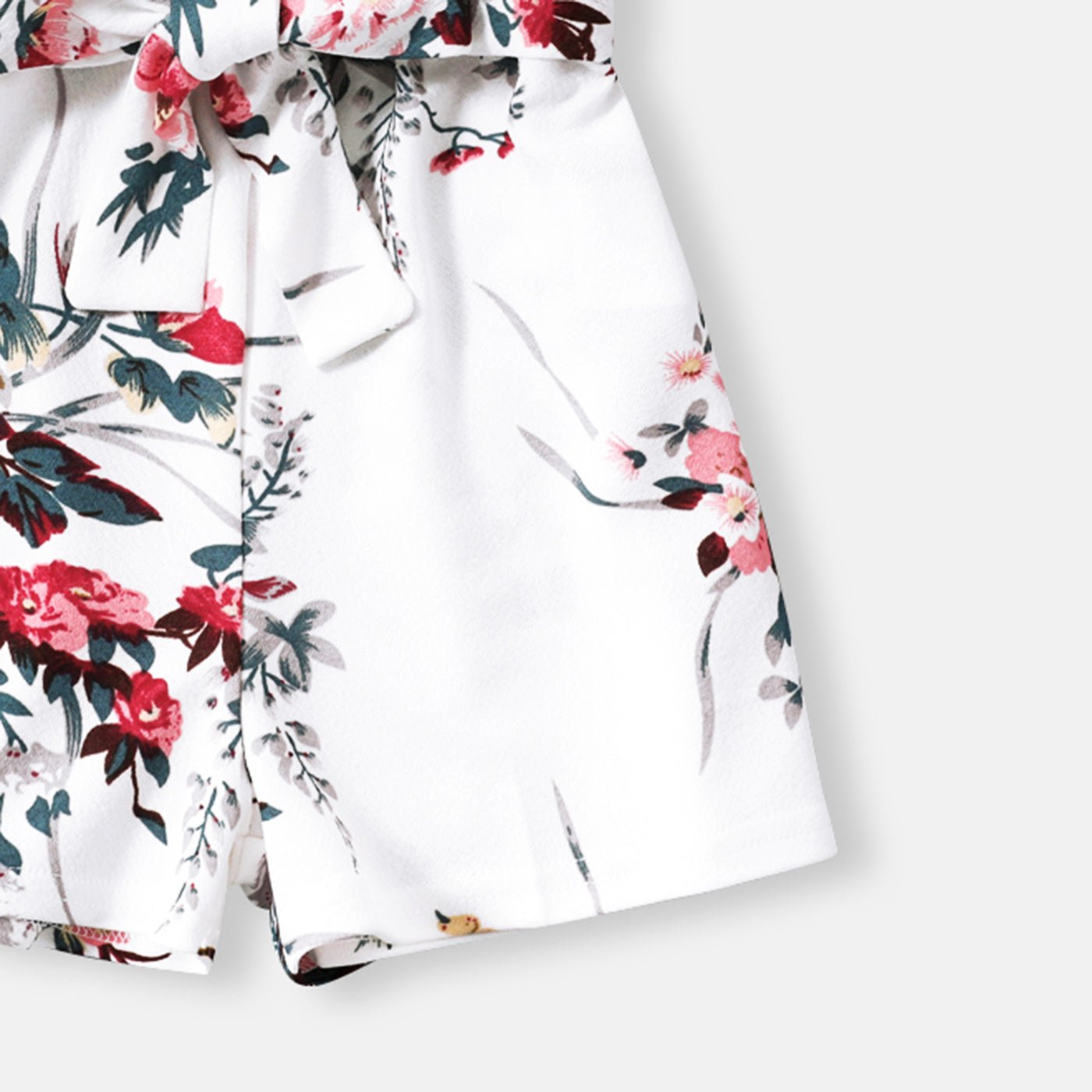 All Over Floral Print White Halter Neck Off Shoulder Belted Romper Shorts for Mom and Me - 20335803