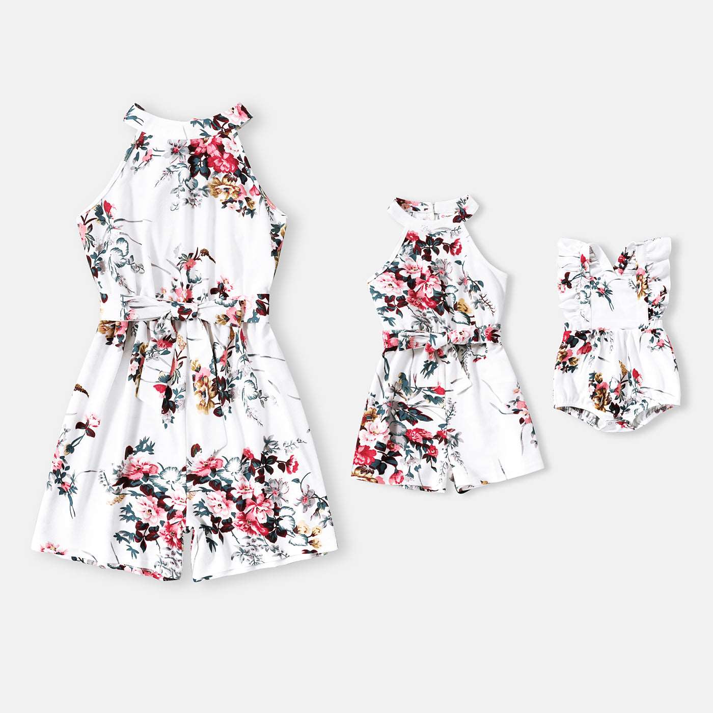 All Over Floral Print White Halter Neck Off Shoulder Belted Romper Shorts for Mom and Me - 20335803