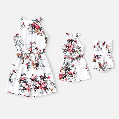 All Over Floral Print White Halter Neck Off Shoulder Belted Romper Shorts for Mom and Me - 20335803