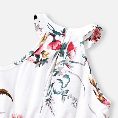All Over Floral Print White Halter Neck Off Shoulder Belted Romper Shorts for Mom and Me - 20335803