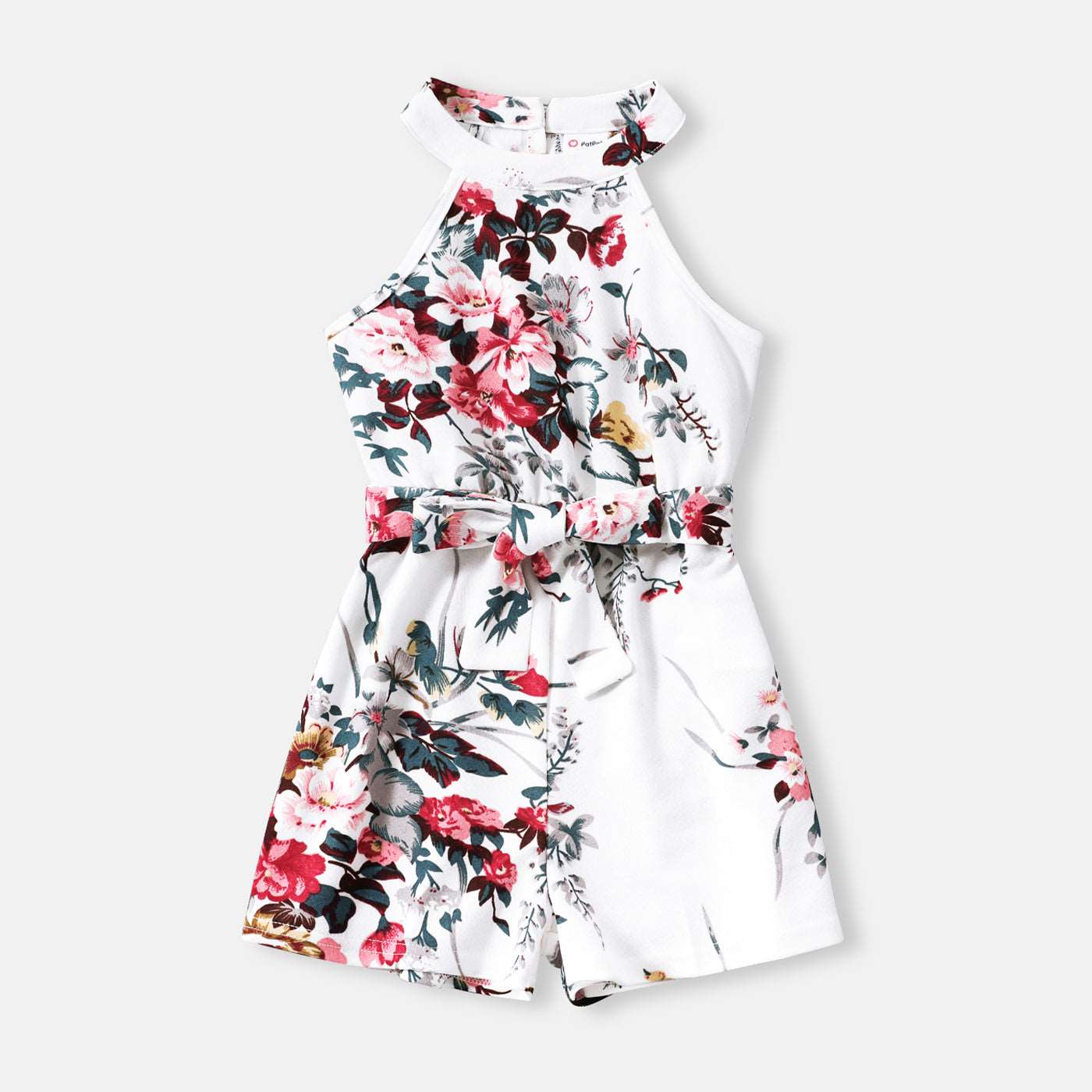 All Over Floral Print White Halter Neck Off Shoulder Belted Romper Shorts for Mom and Me - 20335803