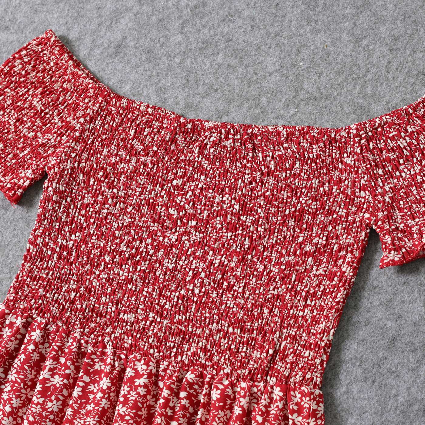 All Over Red Floral Print Off Shoulder Short-sleeve Shirred Dress for Mom and Me - 20366978